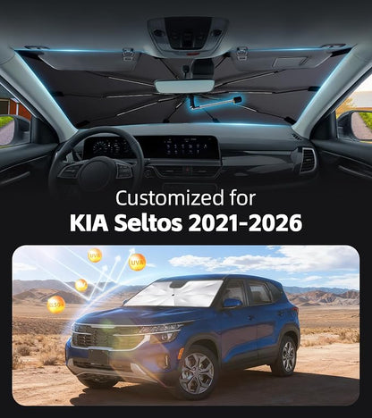 Windshield Sun Shade for KIA Seltos 2021-2026 with 360° Rotating Shaft | Custom Fit Umbrella Sunshade for UV Blocking, Interior Heat Protection, Easy Storage, UPF 50+ Cool Windshield Cover - Image 2