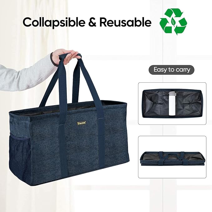 BALEINE Extra Large Utility Tote Bag with Reinforced Wire Frame, Reusable Grocery Bag for Shopping, Picnic (Blue, 22''x12''x10'') - Image 6