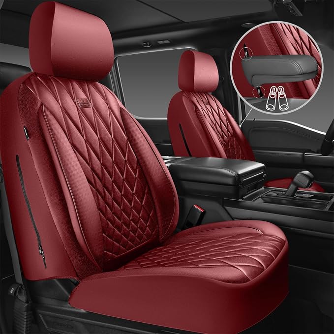 CAR PASS Piping Luxury Faux PU Leather Two Front Car Seat Covers, Waterproof Anti Slip Premium Automotive Seat Covers,Universal Fit for Suvs,Vans,Trucks, Armrest Airbag Compatible, Burgundy Red - Image 2