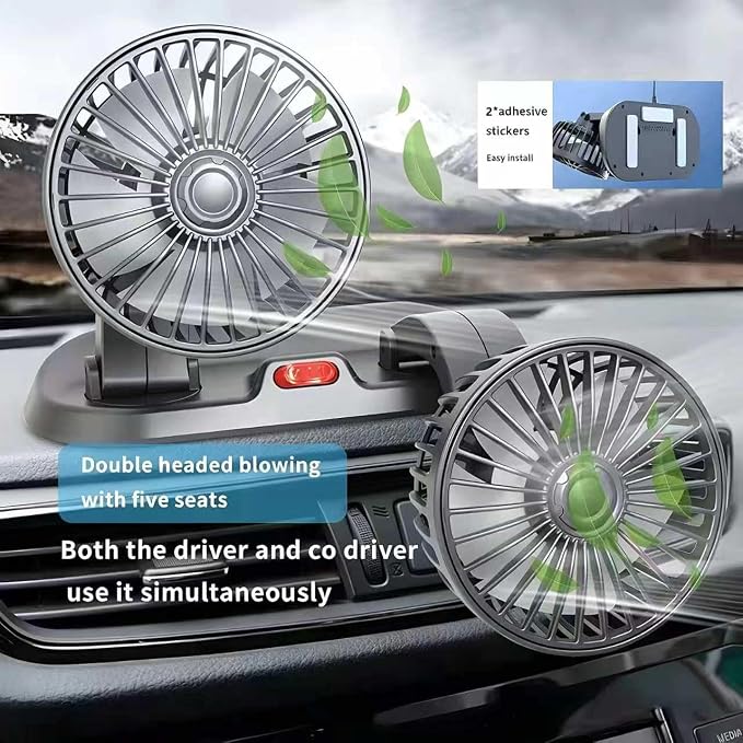 Dual Head Car Fan 5V USB Powered - 360° Rotatable Dashboard Cooling Air Circulator with 3 Speeds - Strong Wind Electric Fan for Car SUV RV Truck - Quiet Vehicle Fan for Front/Rear (USB-5V-Dual) - Image 4