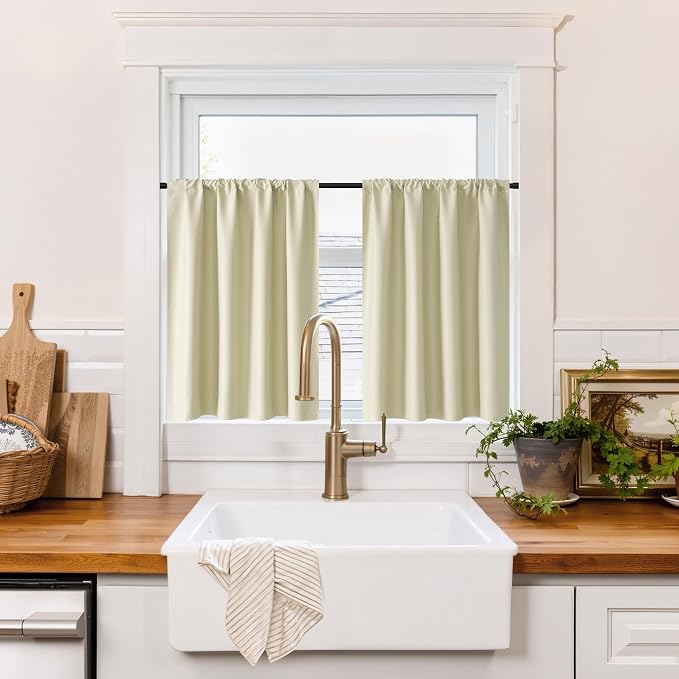 RYB HOME 100% Blackout Short Curtains for Small Window, Thermal Insulated | Total Room Darkening, Noise Reducing, Curtains for Basement Bathroom RV Cars, W29 x L24, Beige, 2 Panels by RYBHOME