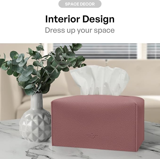 Carrotez Tissue Box Cover, [Refined] Modern PU Leather Rectangular Tissue Box Holder - Decorative Holder/Organizer for Bathroom Vanity Countertop, Night Stands, Office Desk 9.5"X5"X5" - Dry Rose - Image 4