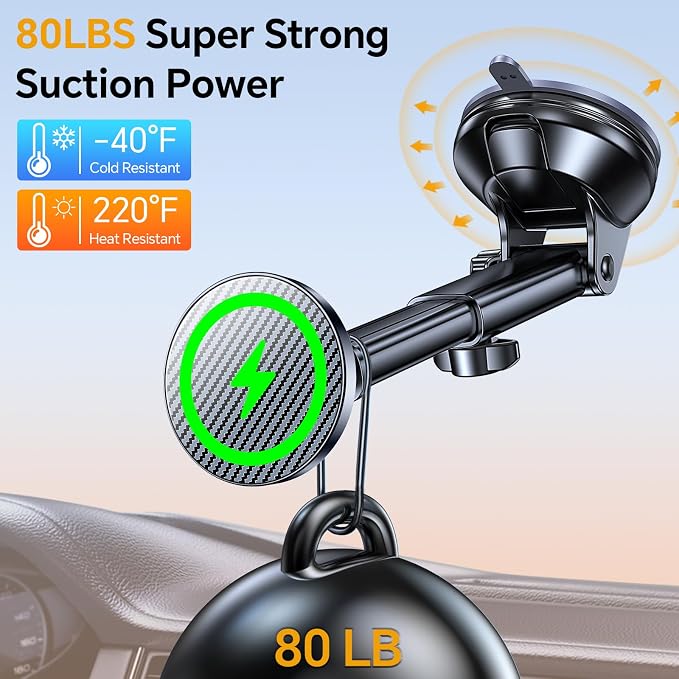 Coolpow for MagSafe Car Mount Charger【Ultra Magnet】 Magnetic Phone Holders for Your Car Charger【Windshield+Vent+Dash】 Magnetic Wireless Car Phone Holder Charger Car Mount for iPhone 17 (Carbon Fiber) - Image 4