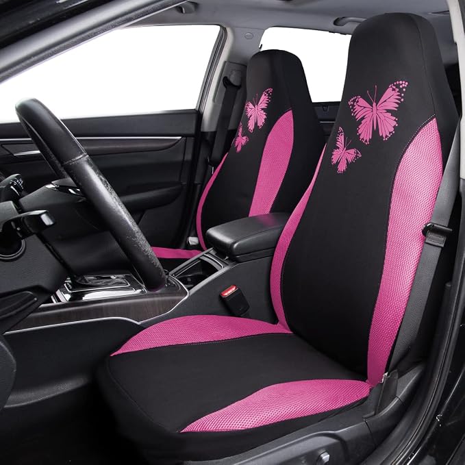 Flying Banner Butterfly car seat Covers ful Set Fashion Universal Lady Woman Female Rear Bench Split Colorized (2 Fronts, Pink) - Image 3