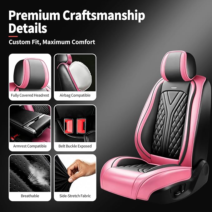 for GMC Sierra HD 2007-2025 Car Seat Covers, Full Set, Pink | Luxury Full Coverage Leather Seat Protectors, Waterproof Breathable, Non-Slip, Easy to Install, Airbag Compatible, All-Season - Image 6
