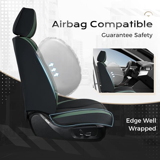 Coverado Car Seat Covers Full Set, Green Car Seat Cover, Car Leather Seat Protector with Lumbar Support, Waterproof Car Seat Cushion, Leather Seat Covers Universal Fit Most Cars, (Black&Green) - Image 5