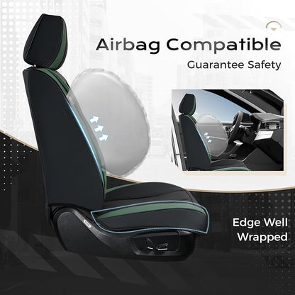 Coverado Car Seat Covers Full Set, Green Car Seat Cover, Car Leather Seat Protector with Lumbar Support, Waterproof Car Seat Cushion, Leather Seat Covers Universal Fit Most Cars, (Black&Green) - Image 5