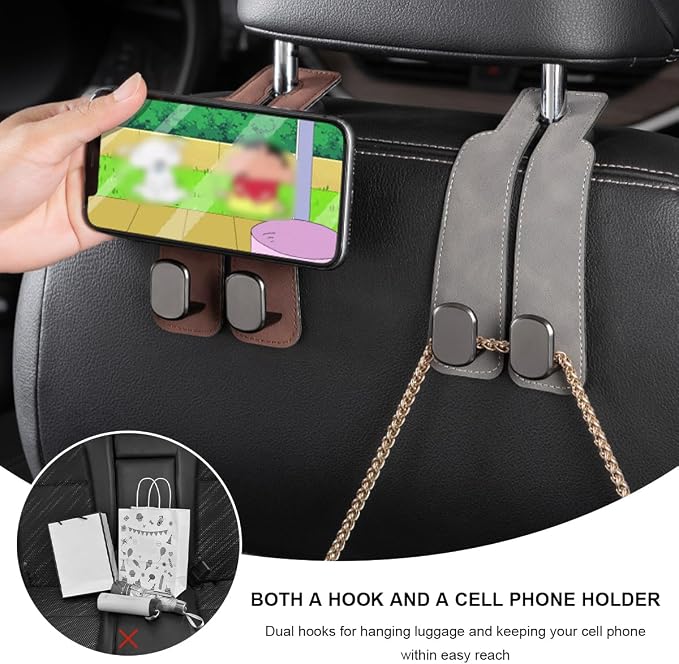 2 PCS Car Seat Headrest Hook, Suede Leather Back Seat Organizer Double Metal Hooks, Universal Headrest Hanger Convenient Vehicle Storage Hook for Purse Handbag Coats (Black) - Image 4
