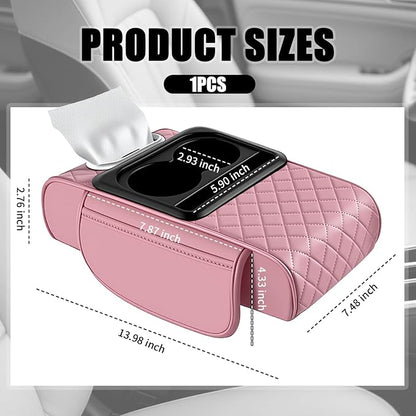 5-in-1 Car Center Console Cover,Leather Car Armrest Cover with Cup Holder/Storage Pocket/Phone Holder/Cars Tissue Holders,Thickened Cars Armrest Storage Box for Relieving Elbow Fatigue (Pink) - Image 2