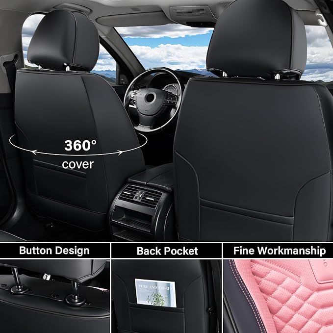 Coverado Car Seat Covers, Front Seat Cover, Waterproof Nappa Leather Seat Covers for Cars, 2 Pack Car Seat Protectors, Car Seat Cushion, Automotive Seat Covers Universal Fit for Most Cars (Black&Pink) - Image 2