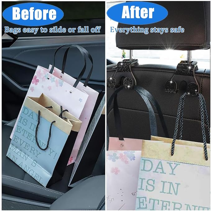 Bling Car Purse Hooks 2Pcs, Rhinestones Car Headrest Hook Backseat | Double Hooks,Holds 44Lbs,Wide Opening,Durable Nylon,Car Seat Hook,Purse Holder,Bling Car Accessories for Women,Black - Image 4