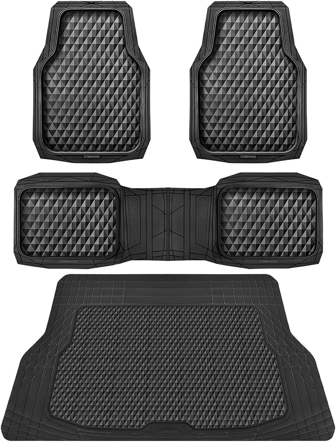 CAR PASS Heavy Duty Rubber Black Car Floor Mats & Cargo Liners, Deep Dish All-Weather Trunk Mats Durable Anti-Slip 3D Rhombus Waterproof Trim to Fit Liner Universal Fit Auto,Sedan,SUV,Truck, Black by CARPASS