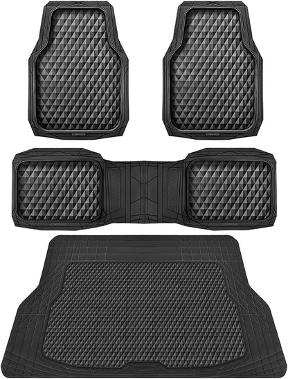 CAR PASS Heavy Duty Rubber Black Car Floor Mats & Cargo Liners, Deep Dish All-Weather Trunk Mats Durable Anti-Slip 3D Rhombus Waterproof Trim to Fit Liner Universal Fit Auto,Sedan,SUV,Truck, Black by CARPASS
