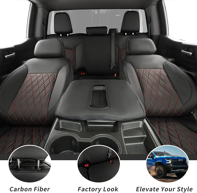 Silverado Seat Covers for 2014-2018 Chevy Silverado/GMC Sierra 1500/HD 2500/3500 DoubleCab Pickup Seat Cover,Fully Covered,Waterproof Truck Leather Seat Protector(Full Set,Black/Red) - Image 8