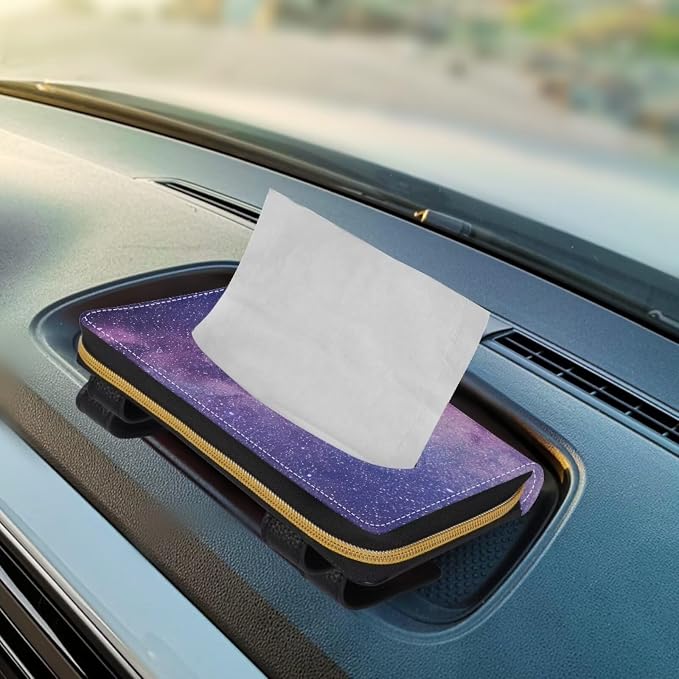 Biyejit Car Visor Tissue Holder, Purple Galaxy Print Car Mask Holder, Car Sun Visor Napkin Holder Backseat Tissue Case，Pu Leather Tissues Box, 1 Pack - Image 5