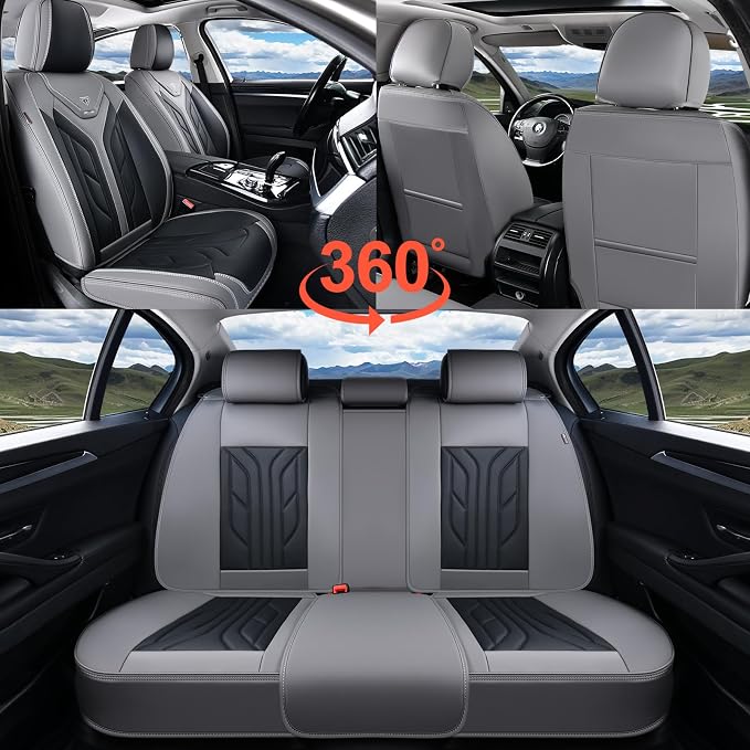 Coverado Car Seat Covers Full Set, Automotive Seat Covers Car Seat Protector Car Seat Cushion, Waterproof Leather Seat Covers for Cars, Universal Fit for Most Sedans SUV Pick-up Truck(Gray&Black) - Image 7