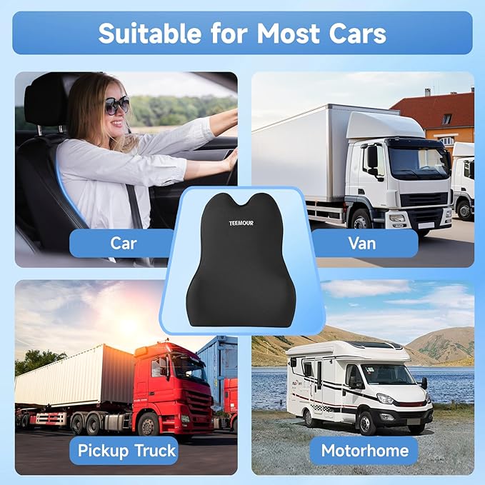 Teemour Lumbar Support Pillow for Car Seat, Memory Foam Back Support Pillow with Adjustable Straps, Medium Soft Car Back Cushion for Driving, Truck, SUV, Office Chair, Black - Image 6