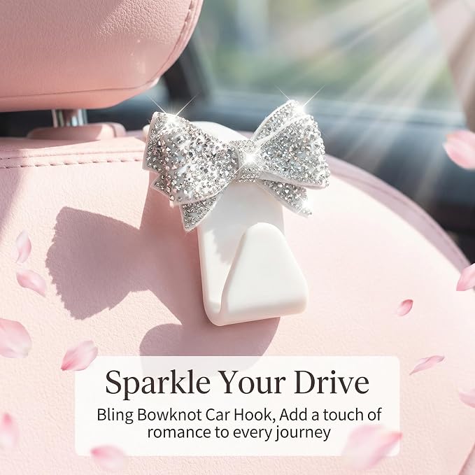 2 PCS Bling Car Seat Headrest Hooks, Crystal Rhinestone Bow Car Purse Hooks, Vehicle Seat Back Storage Hook for Handbag Purse Coat Grocery, Universal for SUV Truck Sedan (White) - Image 2