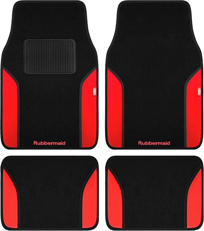 Rubbermaid Car Mats, Carpeted Floor Car Mat with Faux Leather & Built-in Heel Pad, Two-Tone Car Rug Floor Mats, Stylish Carpeted Floor Mats for Cars, Trucks & SUVs Red Color by Unknown