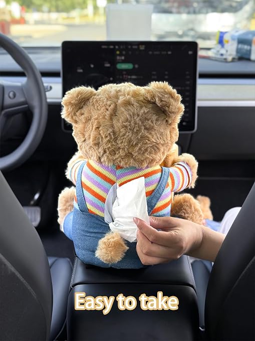 Cute Car Trash Can with Tissue Holder Teddy Bear Tissue Box Console Stuffed Animal Organizer Plush Doll Multifunctional Creative Accessories for Women Rainbow Bear - Image 3
