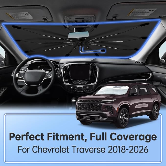 Windshield Sun Shade Umbrella for Chevrolet Traverse 2018-2026 Front Window | Foldable Car Sunshade, Highly Reflective Auto Sun Shield Visor for UV Protection, Keep Car Cool Accessories - Image 2