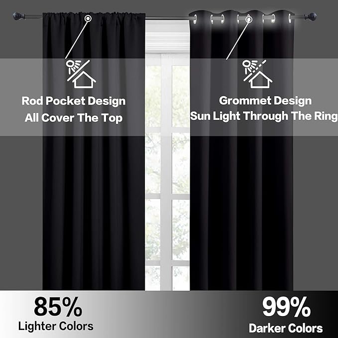 RYB HOME Short Blackout Curtains for Bedroom, Room Darkening Insulated | Rod Pocket, Summer Heat Light UV Blocking, Energy Saving, Drapes for Nursery, W34 x L45, Black, 2 Panels - Image 5