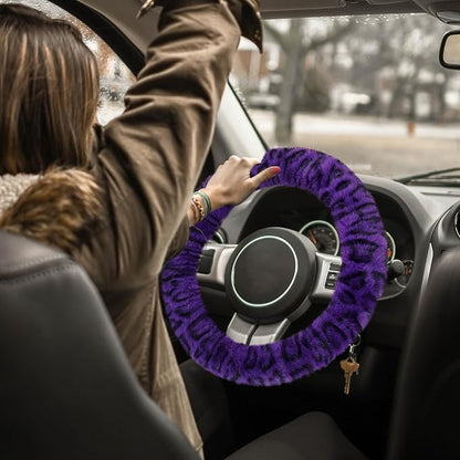 Accmor Fuzzy Car Steering Wheel Cover, Universal Fit Fur Car Wheel Cover & Handbrake Cover & Gear Shift Cover Set, Fluffy Fashion Leopard Print Auto Steering Wheel Protector for Women Girls(Purple) - Image 7