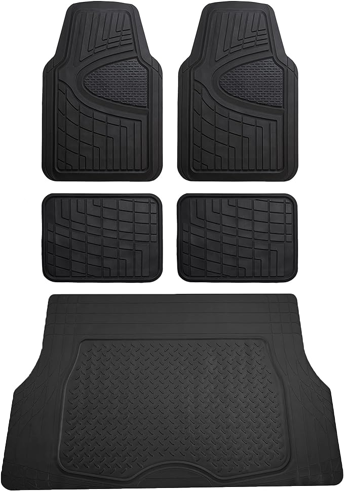FH Group Premium Liners Tall Channel Trimmable All Weather Rubber Full Set Car Floor Mats (Black) w. Trimmable All-Season Cargo Liner (Black) - Universal Fit for Cars Trucks and SUVs by FHGroup