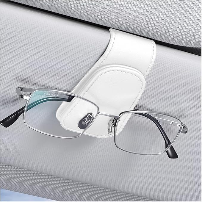 AICEL Sunglasses Holders for Car Sun Visor, Leather Magnetic Clip, White | Leather Eyeglasses Hanger Mounter, Magnetic Glasses Holder and Ticket Card Clip, Car Accessories, Universal Fit by AICEL