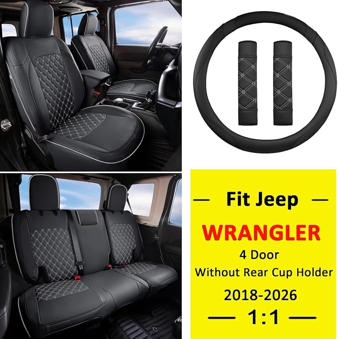 GIANT PANDA Wrangler JL Seat Covers Custom Fit for Jeep Wrangler,Premium Waterproof Faux Leather, 2018 2019 2020 2021 2022 2023 2024 2025 2026 JL 4 Door Without Rear Cup Holder Full Set (Black&Gray) - Image 2