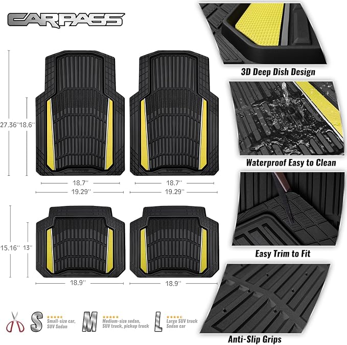 CAR PASS Heavy Duty Rubber Car Floor Mats, Deep Waterproof Car Floor Mats All Weather, Aluminum Film Floor Mats for Cars Non-Slip Universal Trim to Fit for SUV Trucks Sedans Vans,Black Yellow Metallic - Image 3