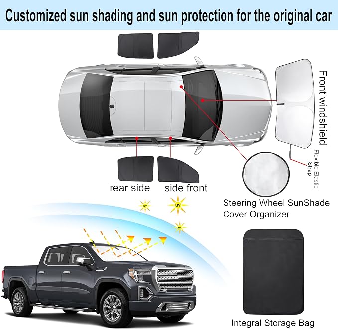 TINGLU Window Shades for GMC Sierra 1500 2500 3500 (SLT, AT4, Denali) 2019-2025 2026 5PCS Accessories Side Windows Cover Camping Windshield Sun Shade Sun UV Rays Privacy Protection - Image 3