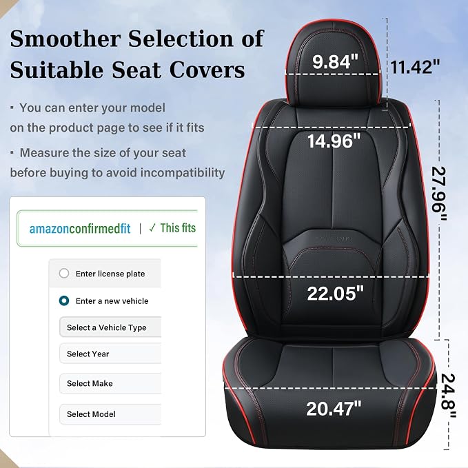 Coverado Car Seat Covers Full Set, Premium Nappa Leather Seat Covers for Car, Waterproof Car Seat Protector with Lumbar Support, Car Seat Cover Universal Fit for Most Cars SUV Truck(Black&Red) - Image 7