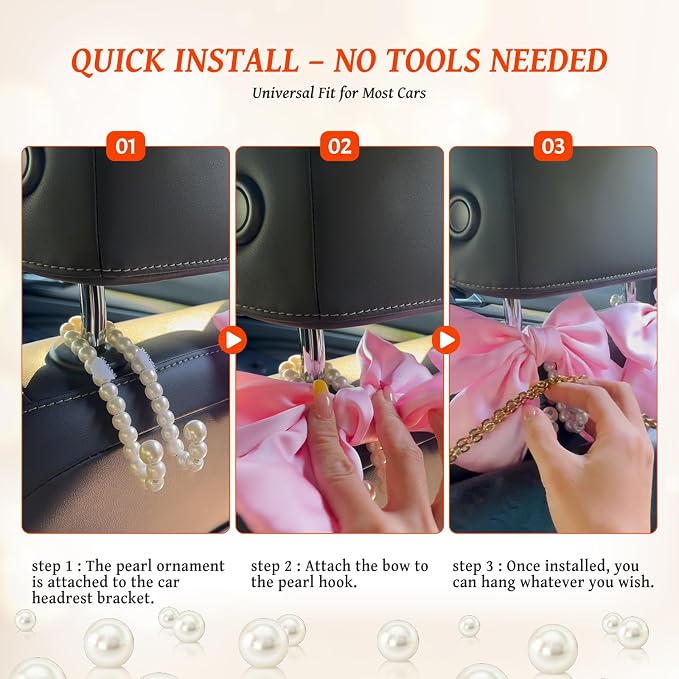 2 PCS Bow Pearl Car Seat Headrest Hook – Cute Purse Hook for Car, Girly Interior Decoration Accessories Hook Hanger, Seatback Holder for Purses & Bags, Elegant Car Organizer (Orange) - Image 7