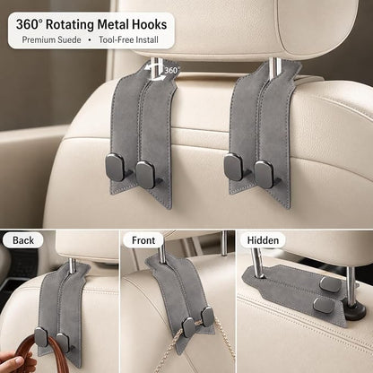2 Pack Car Headrest Hooks, Dual Metal Purse Hangers, Classic Gray | Premium leather with dual metal hooks and anti-drop design. Holds purses, bags, coats, and groceries securely. - Image 3
