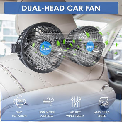 XOOL Clip Car Fan, Adjustable Dual Head 4 Inches 12V Fan for Front/Rear Seat Passenger, 360° Rotatable Electric Car Cooling Fans with Stepless Speed Regulation for SUV, RV, Vehicles - Image 3