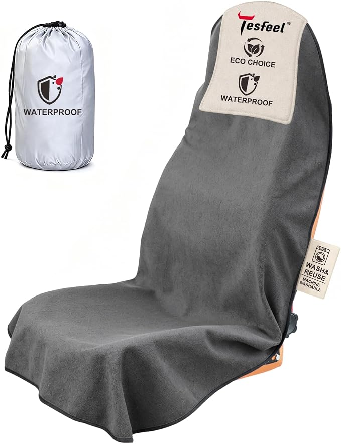 550g Heavy Duty Towel Car Seat Cover, Waterproof Sweat Protector for Post-Gym & Beach, Non-Slip Microfiber Bucket Seat Mat for Sedans SUV Minivans, Machine Washable (Gray, 1-Pack) by TESFEEL