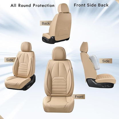 Car Seat Covers Full Set, Beige Seat Covers for Cars, Automotive Seat Covers, Waterproof Nappa Leather Front Seats and Back Car Seat Protector, Universal Fit for Most Cars SUV Trucks - Image 9