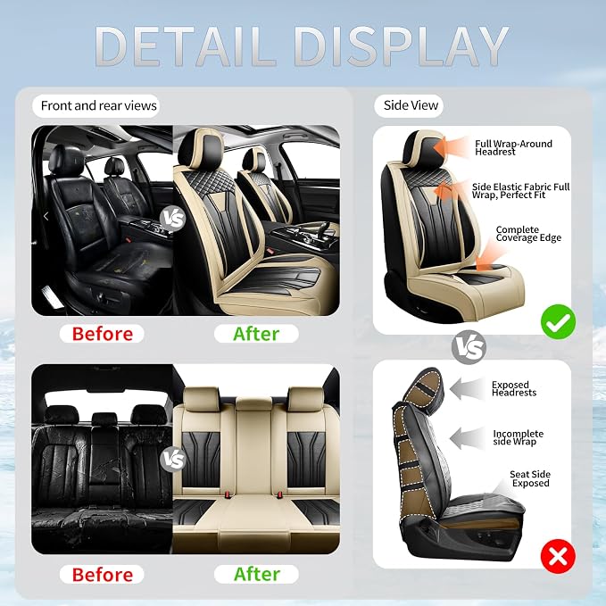 Fit Land Cruiser Premium Leather Car Seat Covers for Toyota Land Cruiser 2000-2025 2026 - Waterproof，Breathable，All-Weather Seat Cushion Protecto & Airbag Compatible, 2 Front Seat Beige&Black - Image 5