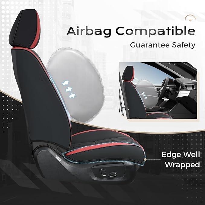 Coverado Car Seat Covers Front Seats, Seat Covers for Cars, Car Seat Protector, 2-Pack Car Seat Cushion Nappa Leather, Waterproof Seat Covers Carseat Cover Universal Fit for Most Cars(Red&Black) - Image 4