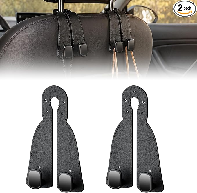 Headrest Hooks for Car 2 Pack, Upgraded Double Metal Hooks with Leather Cover, Car Seat Back Storage Organizer with Anti-Drop Design, for Purses, Handbags, Coats, Groceries (style1) by Unknown
