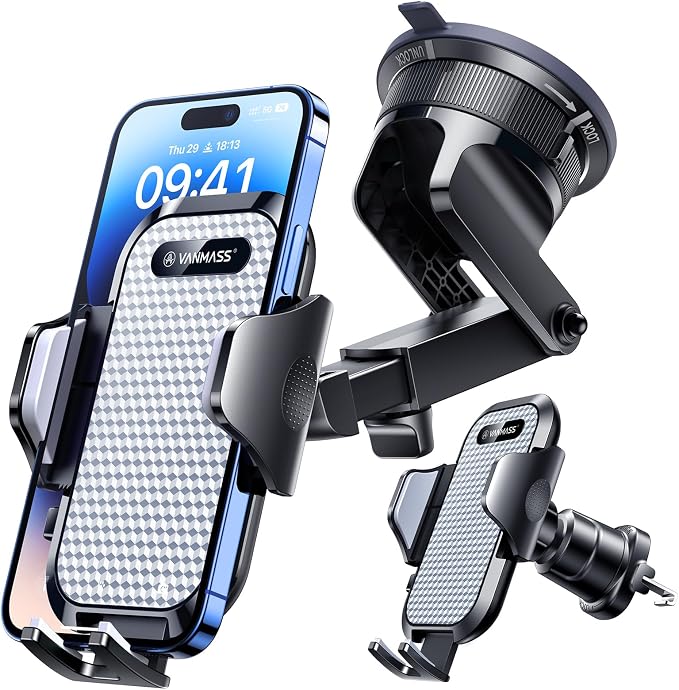 VANMASS [True Military-Grade] Car Phone Holder [Best Suction & Clip] Cell Phone Mount for Dashboard Windshield Vent Truck Cradle Dash Stand for iPhone 15 Pro Max 14 13 12 Android, White by VANMASS