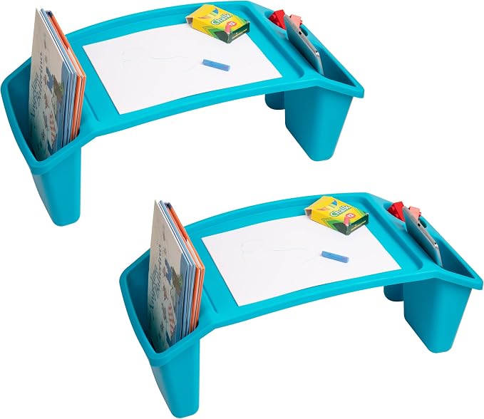 Mind Reader Kids Lap Desk, Portable Activity Tray with Side Storage, Stackable Plastic Desk for Drawing, Snacks, Study, Set of 2, Blue by MindReader