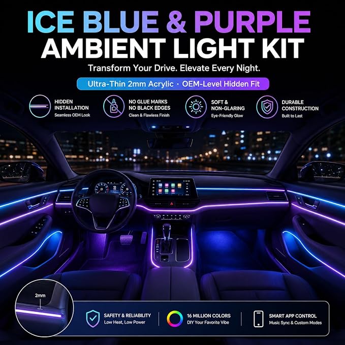 Acrylic Interior Car Ambient Lighting Kits, LED Strip Lights with Wireless APP, Neon Fiber Optic Lights Function LED Strip for Car with Music Modes (18 in 1) - Image 6