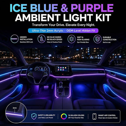 Acrylic Interior Car Ambient Lighting Kits, LED Strip Lights with Wireless APP, Neon Fiber Optic Lights Function LED Strip for Car with Music Modes (18 in 1) - Image 6