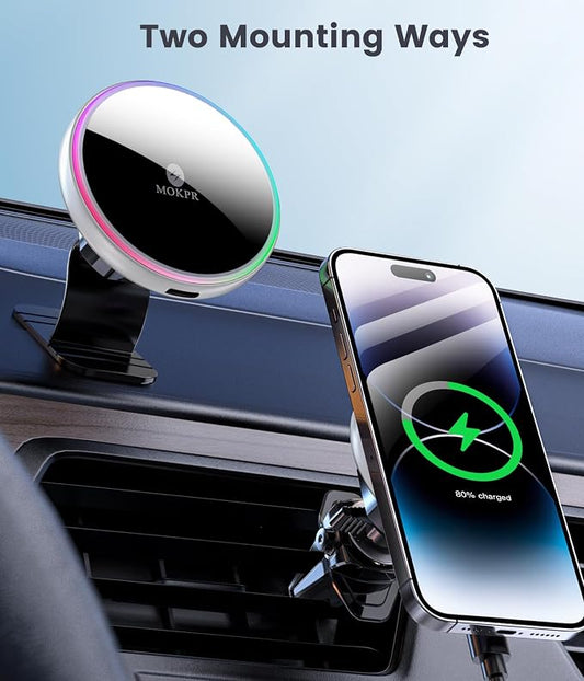 for Magsafe Car Mount Charger 15W LED RGB Car Phone Holder for Dash Vent | HandsFree Magnetic Wireless Car Charger Car Mount Fast Car Charger for iPhone 17 16 15/14/13/12 Series Silver - Image 2