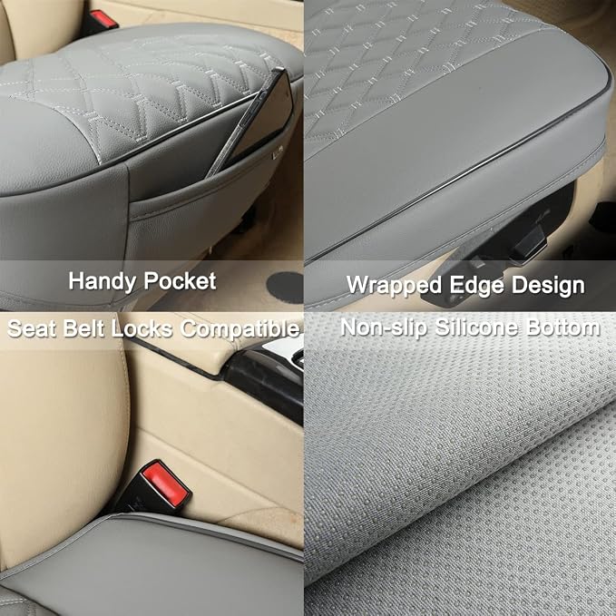 Black Panther 1 Pair PU Front Car Seat Covers, Front Seat Protectors Compatible with 95% Vehicles, Anti-Slip & Full Wrapping Edge, Diamond Pattern Embroidery (W 21.26''×D 20.86”) - Light Gray - Image 5