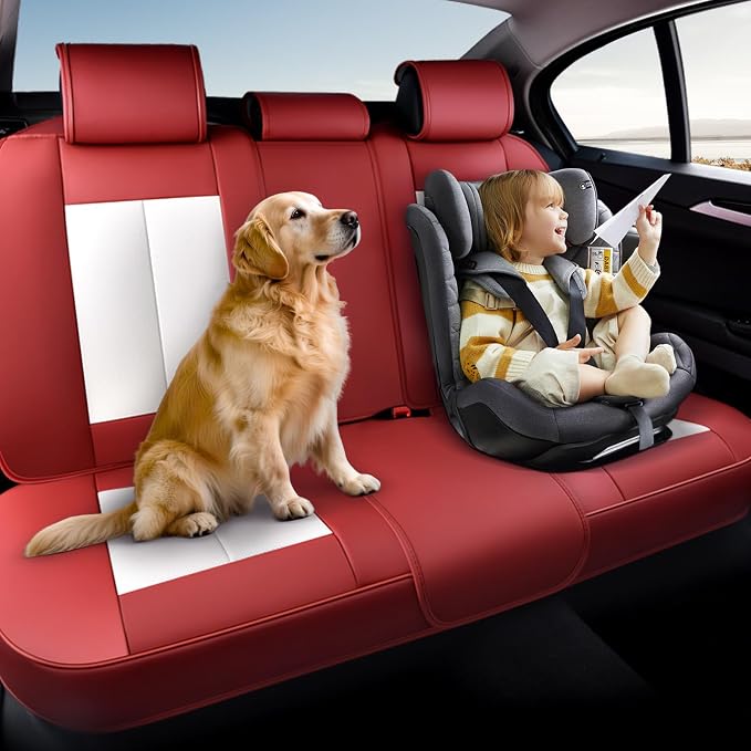 Coverado Leather Rear Seat Covers for Cars, Faux Leather Car Seat Covers Backseat, Waterproof Back Seat Cover for Dogs, Universal Automotive Seat Covers Backseat Seat Cushion Protector, Red&White - Image 6