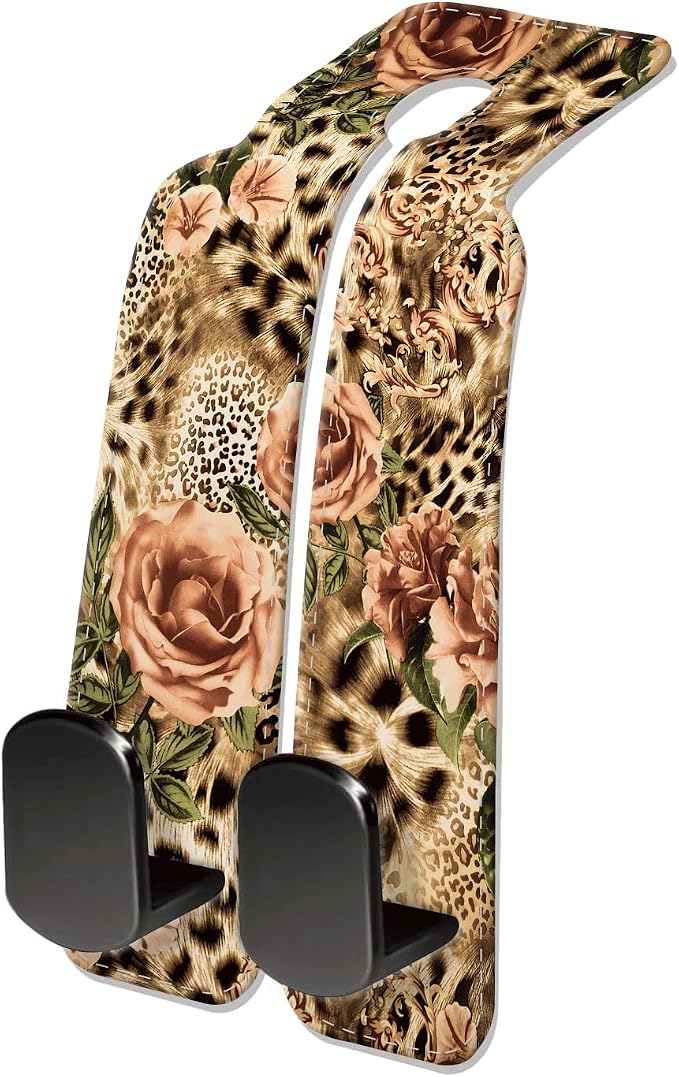 Car Seat Headrest Hook, Universal Leather Cute Hanger Holder Hook, Storage Organizer Interior Accessories for Purse Bags Handbag Luxury Leopard Rose by NUGGHU