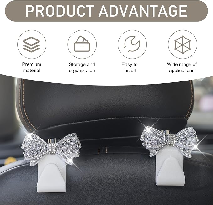 2 PCS Bling Car Seat Headrest Hooks, S Type Crystal Rhinestone Bow Vehicle Seat Back Storage Hooks for Purses Bags Groceries, Universal Diamond Car Rear Seat Organizer (White) - Image 3
